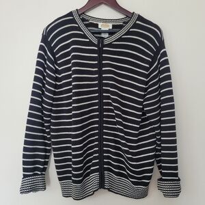 Talbots Womens XL Striped Black White Zip-Up Sweater